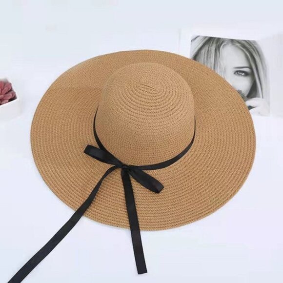 Blue Wide Brim Classic Style Solid Color Big Eaves Sun Hat - Picture 3 of 7